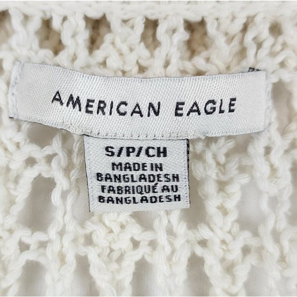 Amreican Eagle Sweater Womens Small Cream Textured Boho Tassel Tie Open Knit Top - Picture 10 of 11